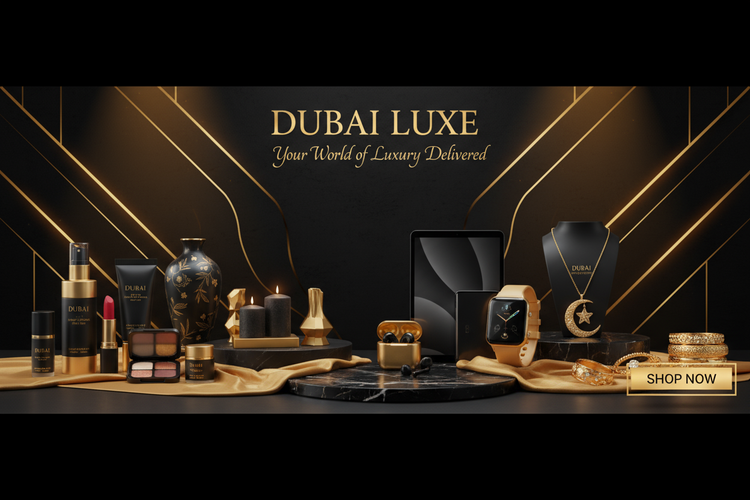 please create an image about my shopify store related health and beauty home decore smart gagets and jewllery related store dubai dropshipping store with black and glden colour scheme