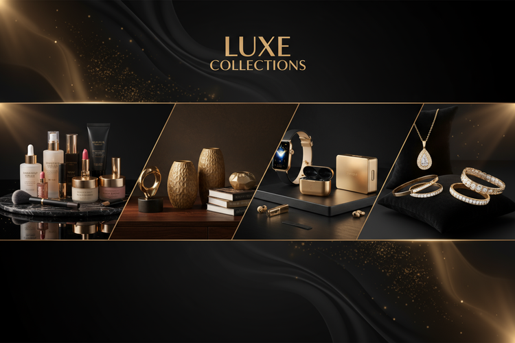 please create beautiful and outstanding my store banner image about health and beauty / home decore / smart gagets /jewllery /cplour scheem is black and golden brown 